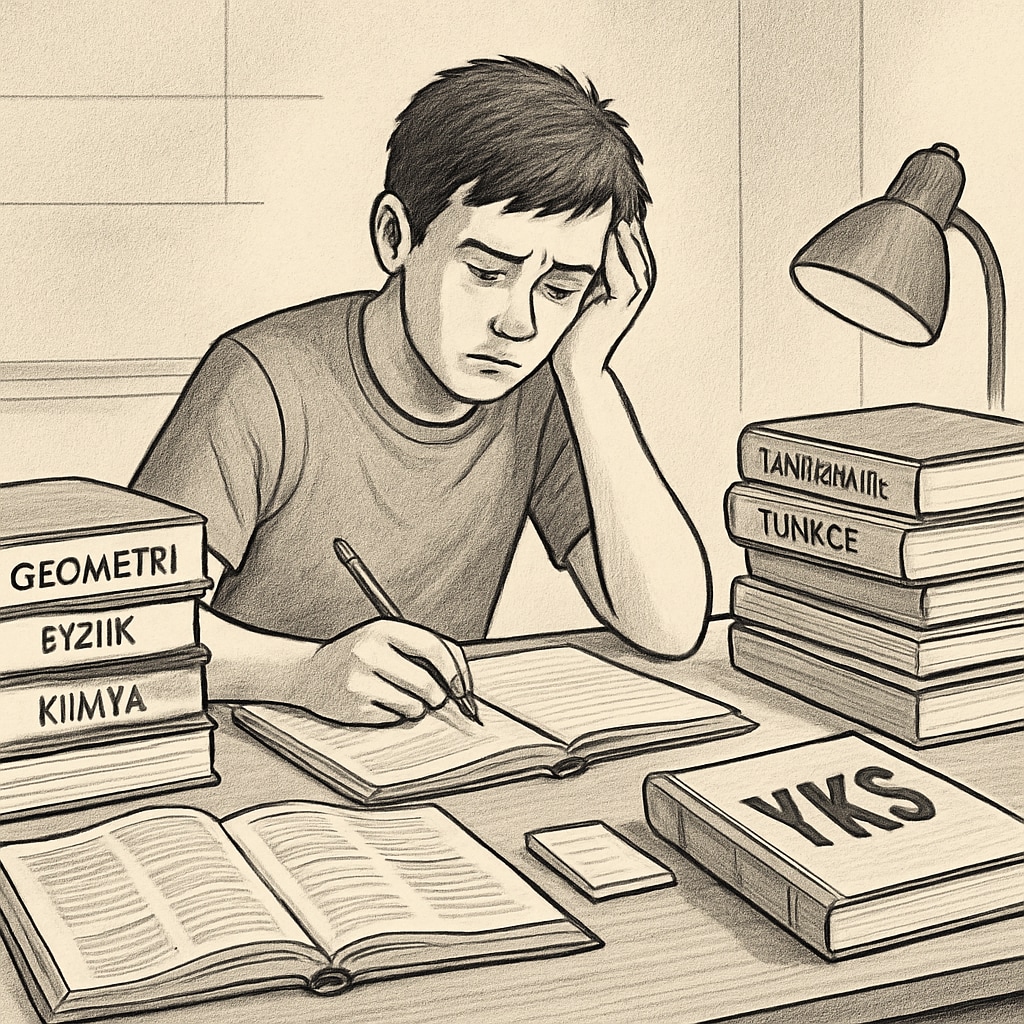 A student in Turkey preparing for the YKS exam, surrounded by textbooks, symbolizing the high-pressure environment. A Turkish student studying for the YKS exam, depicting the pressure of the education system.