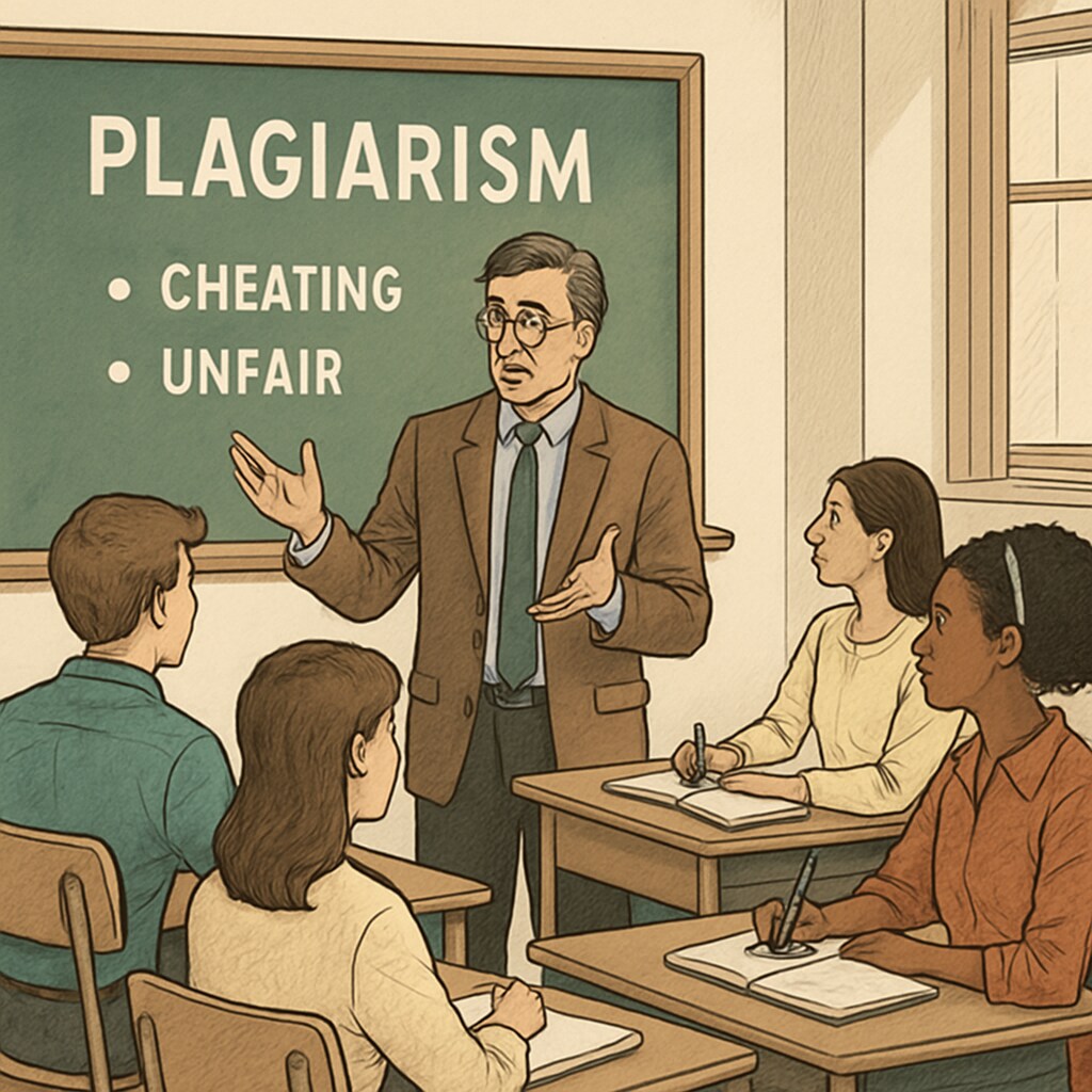 A classroom with a professor discussing plagiarism policies with students, emphasizing fairness and academic integrity. A professor discussing plagiarism policies with students in a classroom.