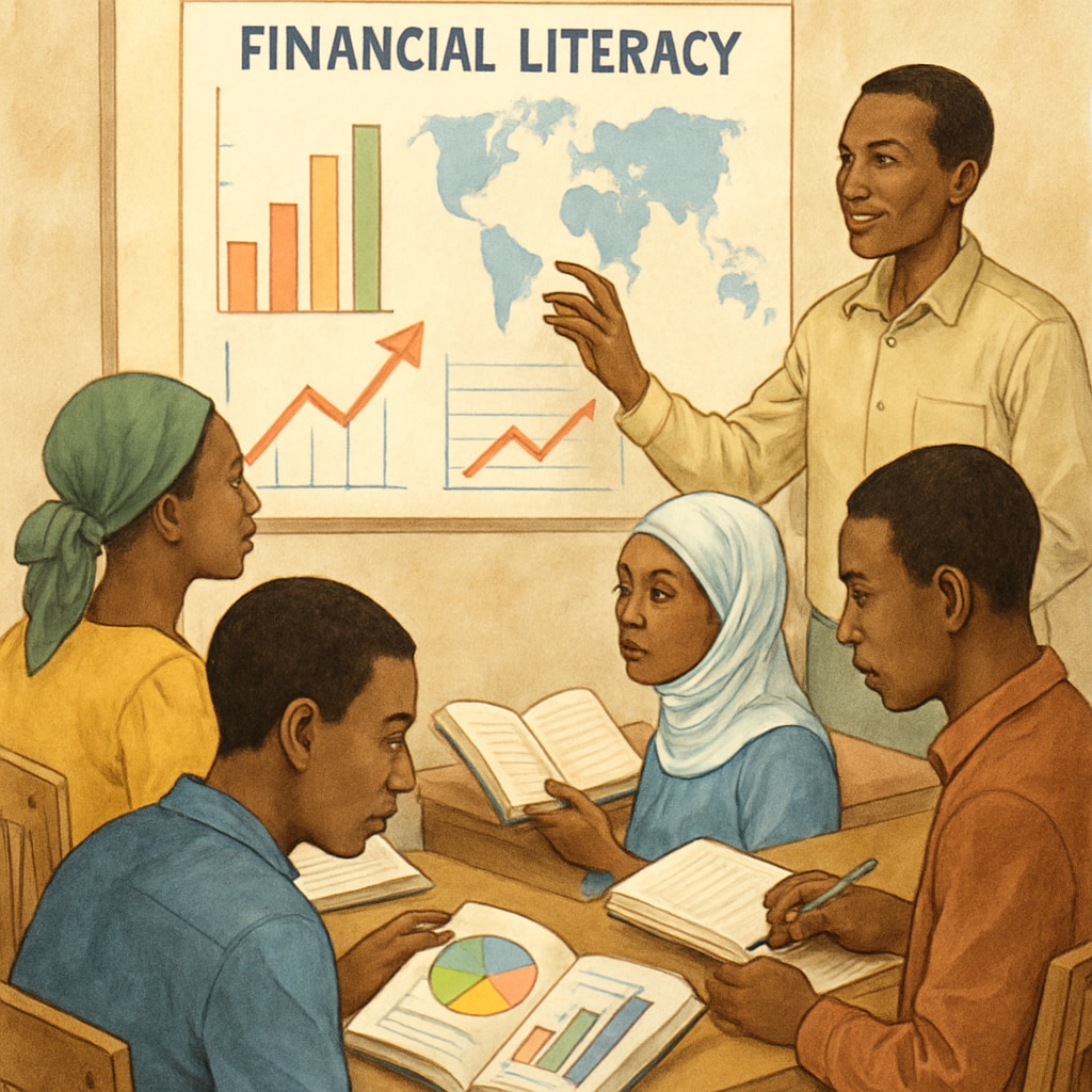 Malian students participating in a financial literacy workshop, gaining insights into global financial markets. Students in Mali attending a financial literacy workshop focused on global markets.