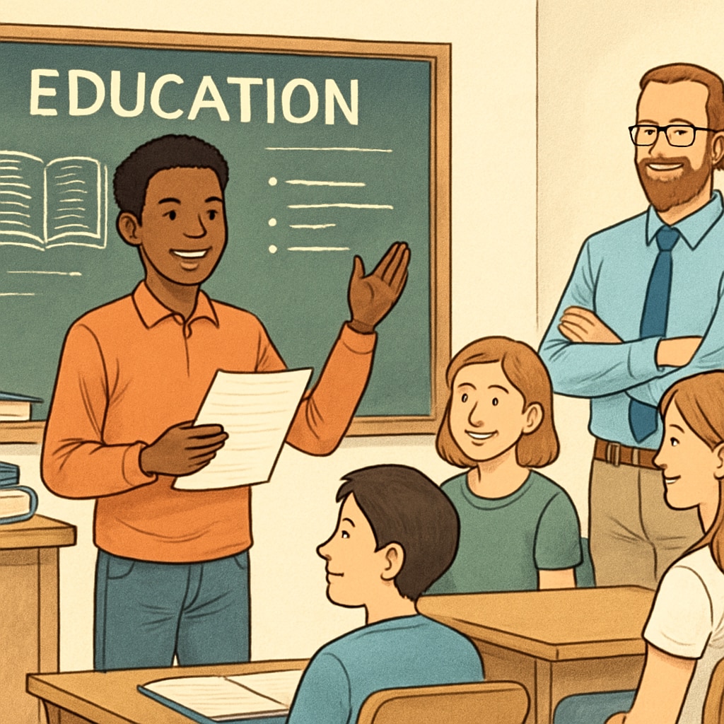 A student confidently presenting their work in a positive academic environment, symbolizing trust and fairness in education. A student presenting work in a fair academic environment.