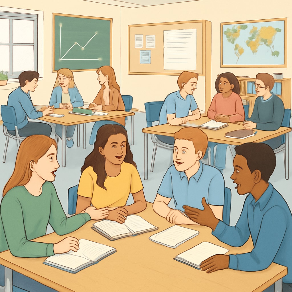 A classroom in the UK, where students are engaged in group discussions as part of their A Levels coursework. UK students participating in group work during an A Levels class, showcasing flexible learning methods.