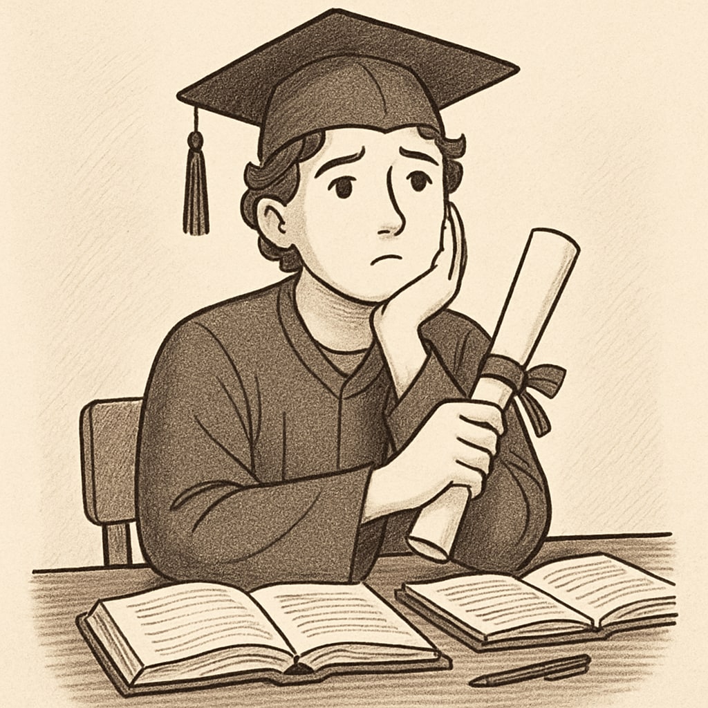 A student looking thoughtful while holding their high school diploma, symbolizing reflection and decision-making. Student holding modified high school diploma, reflecting on its impact.