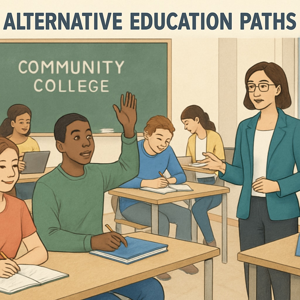 A community college classroom setting, showing students engaged in learning as an example of alternative education paths. Community college setting as an alternative for modified diploma holders.