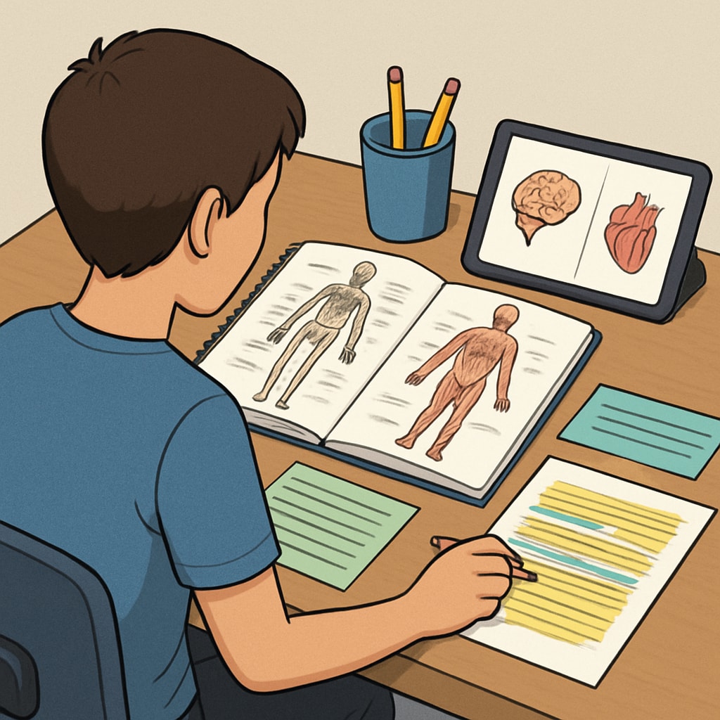 An image of a student studying anatomy with visible notes tailored to learning disabilities. The student is seated at a desk, surrounded by adaptive tools such as colored overlays and a tablet displaying diagrams. A student with learning disabilities studying anatomy using adaptive tools.