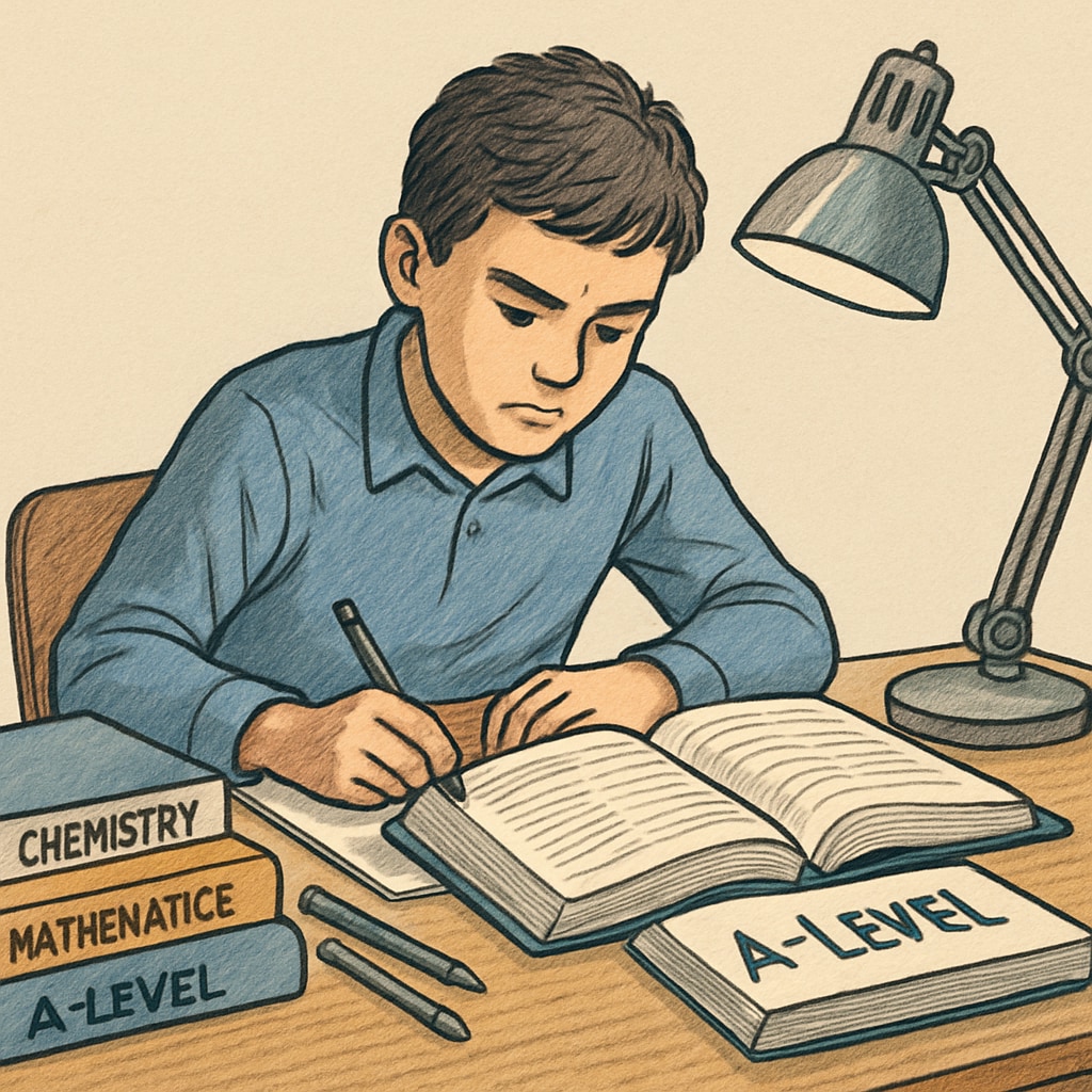 A young student studying at a desk with A-level textbooks open, representing the effort required for retaking exams. A student preparing for A-level retakes with textbooks and notes on a desk.