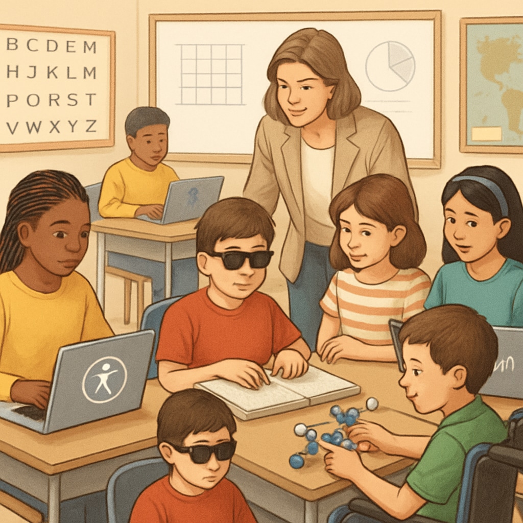 A classroom setting showing diverse students using adaptive learning tools like laptops with accessibility features and tactile learning models. Diverse students in a classroom using adaptive learning tools to overcome educational barriers.