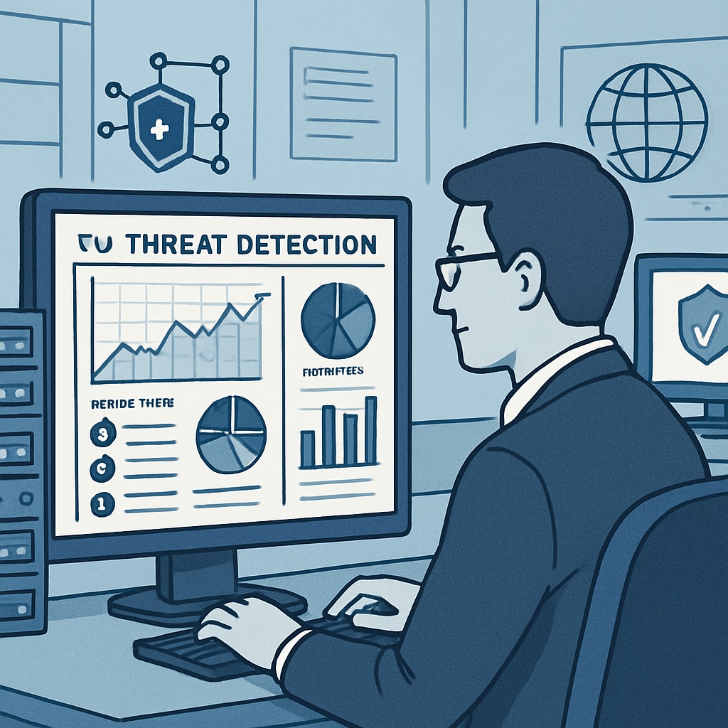 A professional analyzing a cybersecurity dashboard with a focus on threat detection. The image showcases a high-tech workplace environment and emphasizes digital security. Cybersecurity professional analyzing a threat detection dashboard.