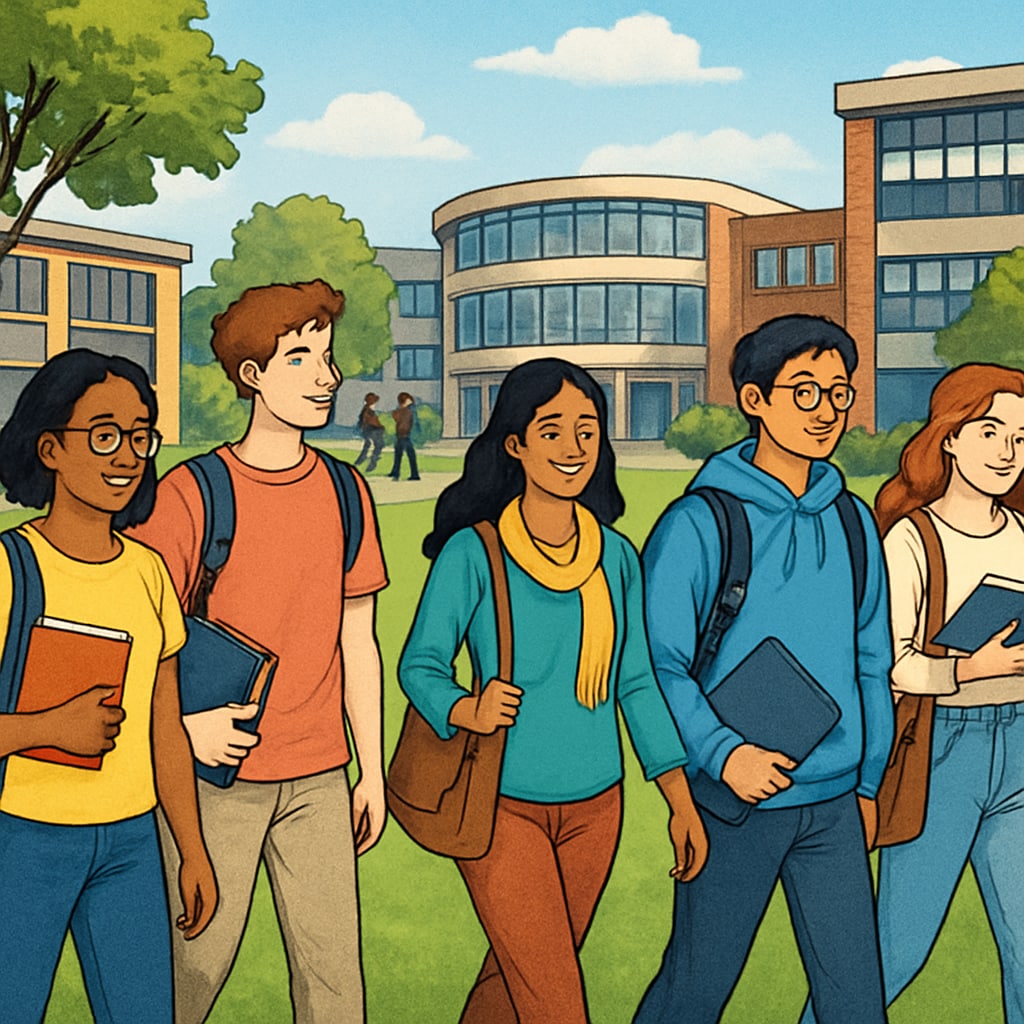 An international university campus with students walking across a green lawn, symbolizing the experience of studying abroad during a foundation year. Students on an international university campus, representing the benefits of a foundation year abroad.