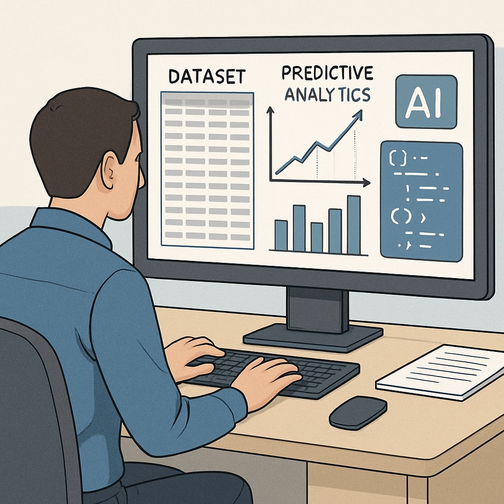A data scientist working on predictive analytics using a large dataset on a computer. The image highlights the use of AI and programming in deriving insights from raw data. Data scientist conducting predictive analytics on a computer.