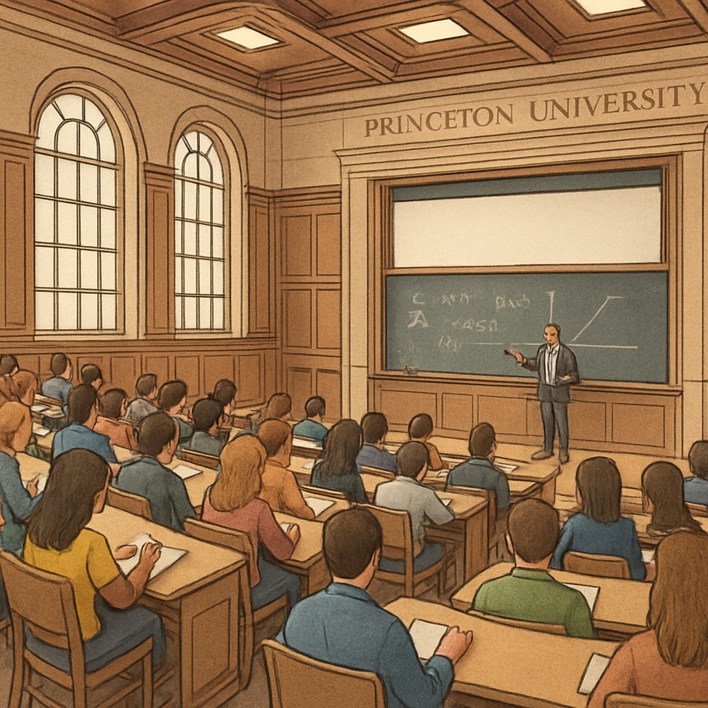 A lecture hall at Princeton University with students attending a class. Princeton University lecture hall with students discussing coursework.