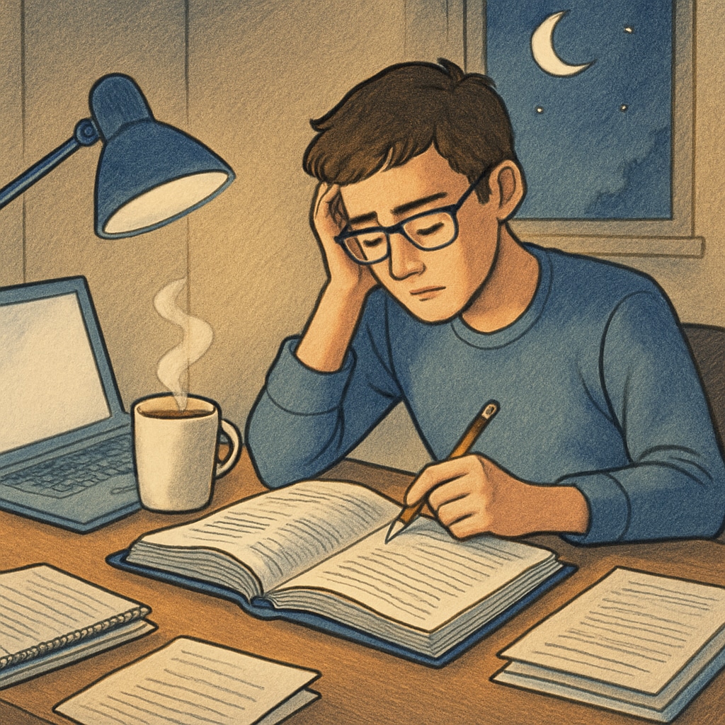 A person studying late at night, with coffee and a laptop, symbolizing perseverance. A professional working late to balance career and education commitments.