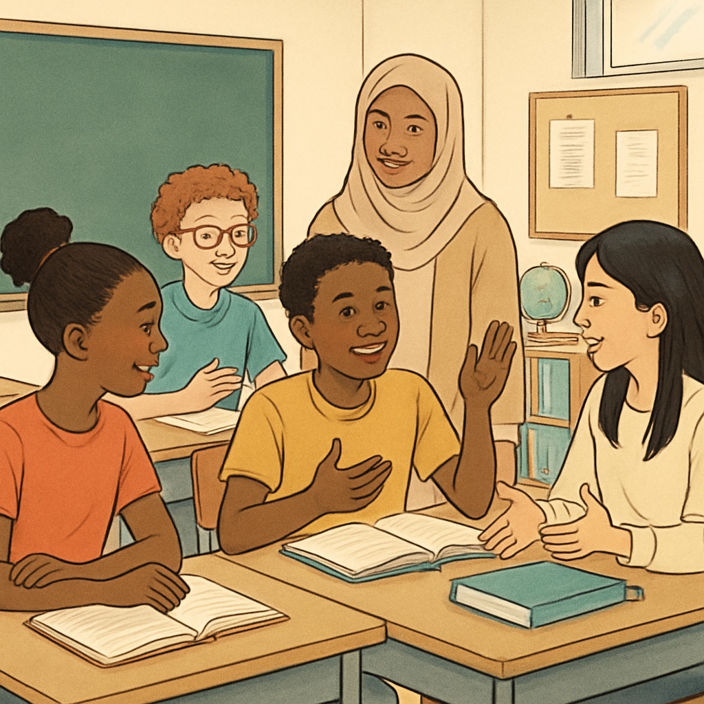 A classroom filled with diverse students actively engaged in discussion, representing inclusivity in education. Diverse students in a classroom, discussing inclusivity and education.