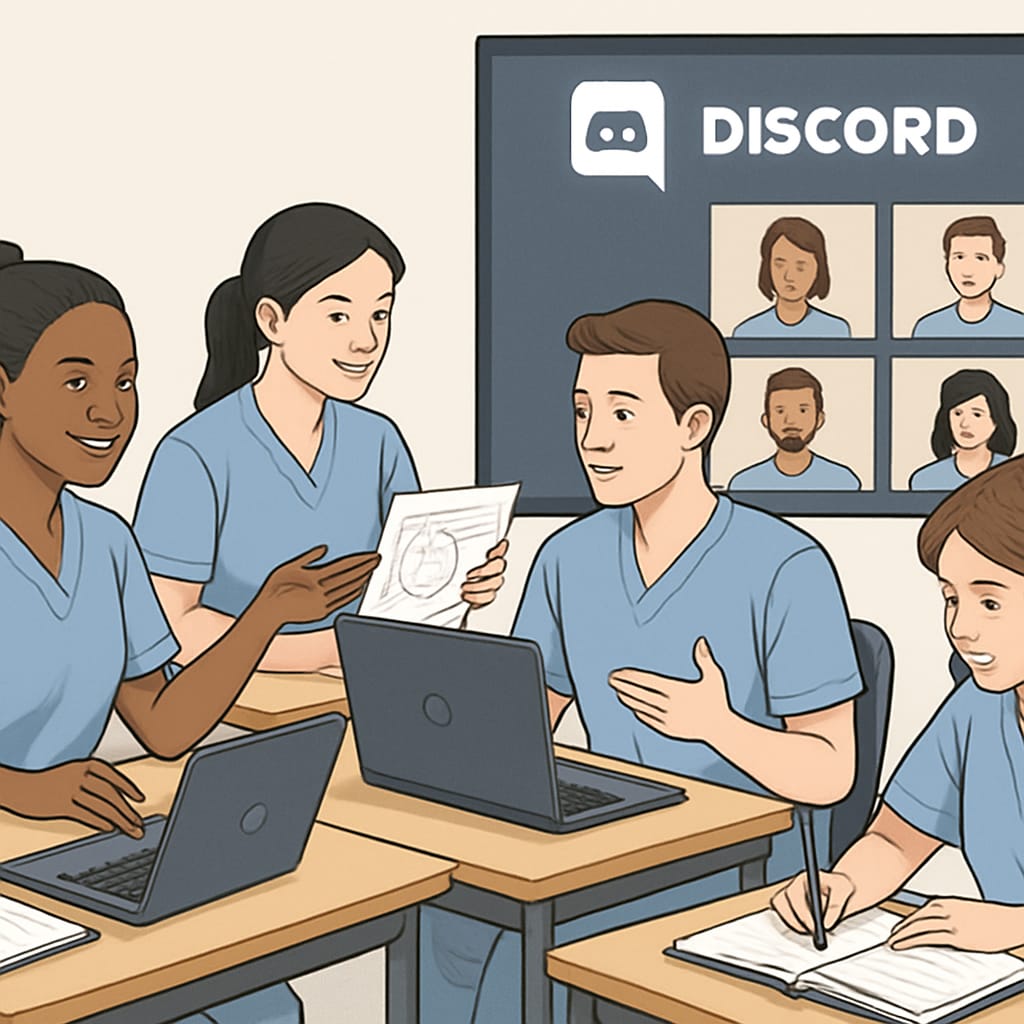 A group of nursing students engaging in a virtual discussion on Discord, sharing study materials and insights about patient care. Nursing students in an online Discord discussion group.