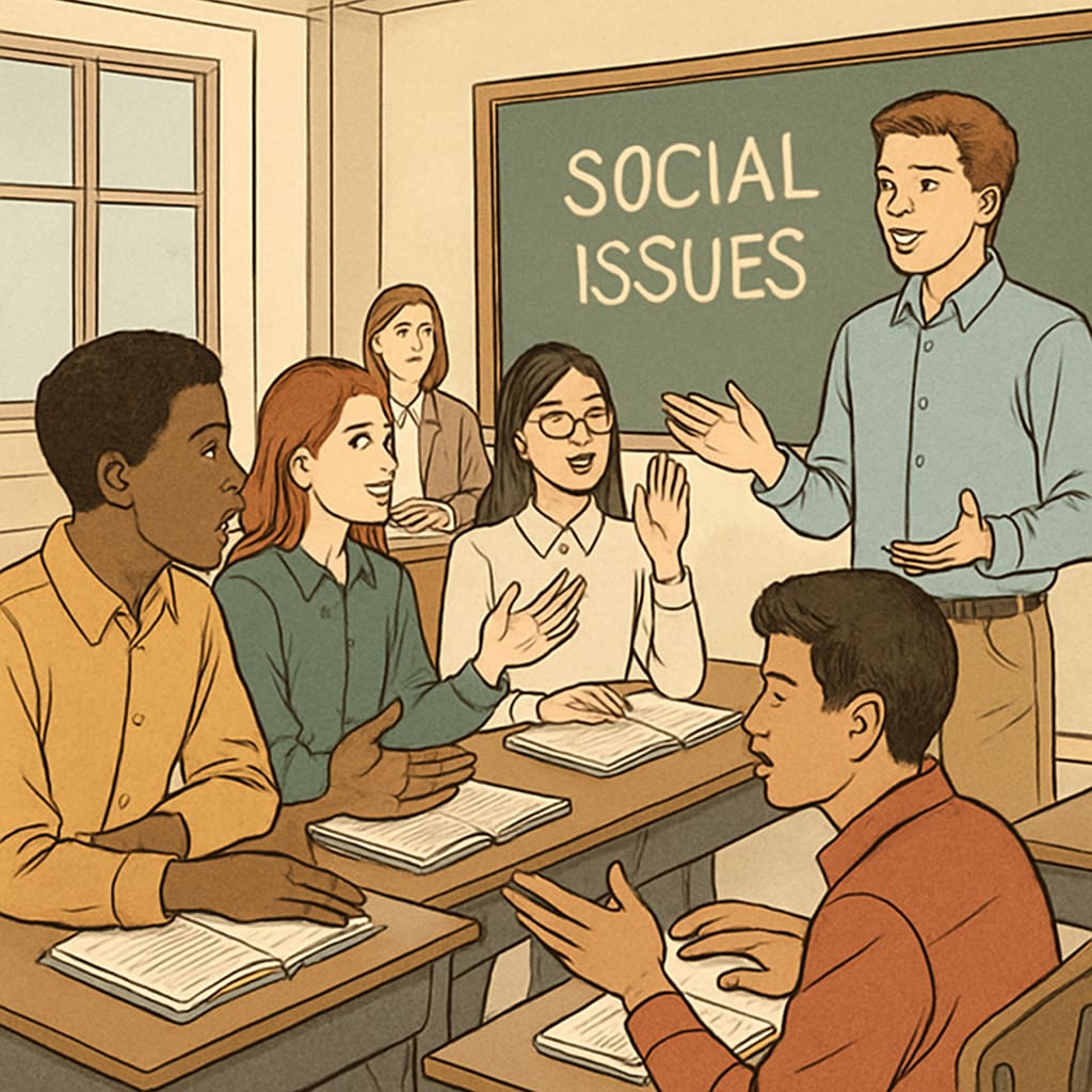 Students participating in a classroom debate, discussing social issues in an academic setting. Students debating social issues in a classroom setting.