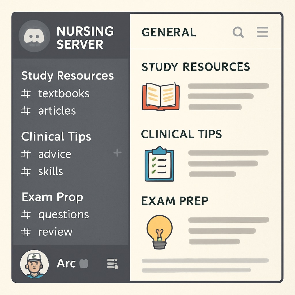 An example of a Discord nursing server interface, showcasing categorized channels like Discord server interface for nursing education with categorized channels.