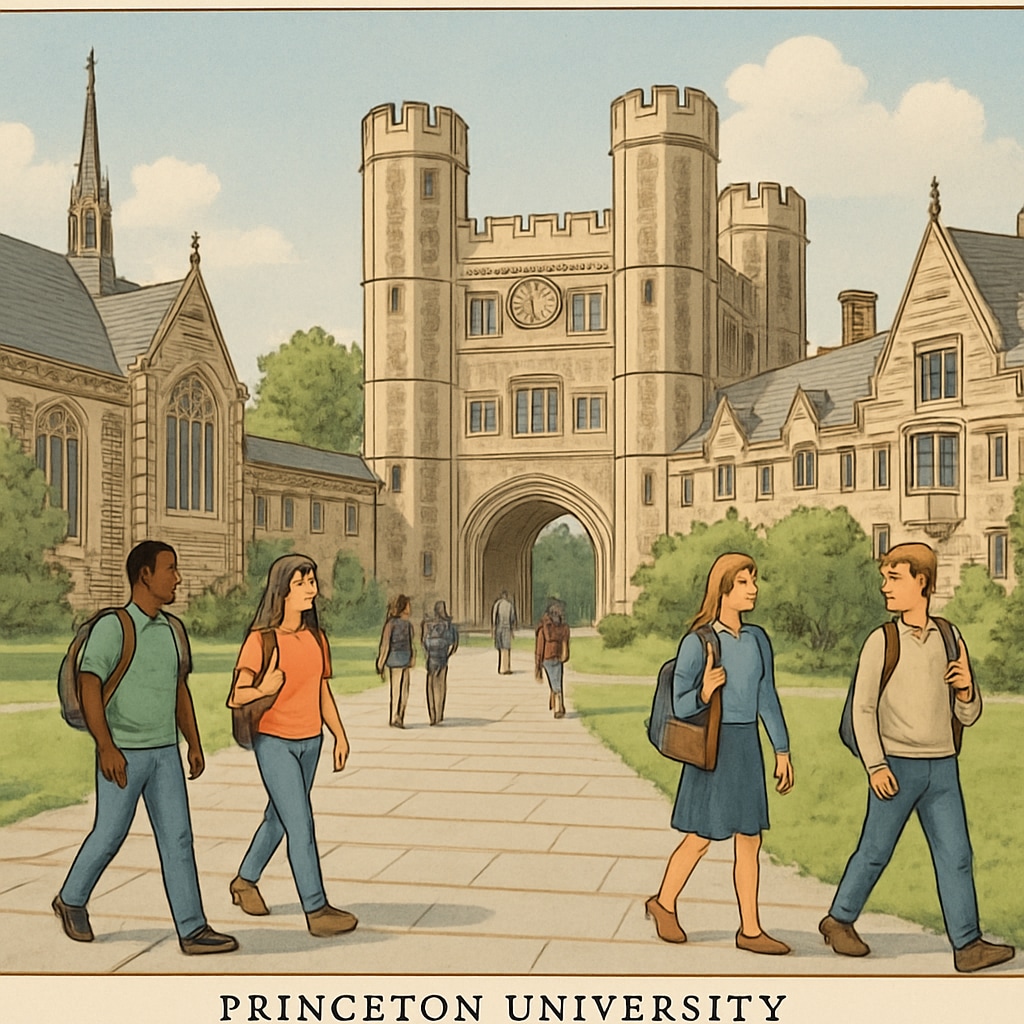 Princeton campus with iconic gothic architecture and students walking. Princeton University campus with gothic buildings and student activity.