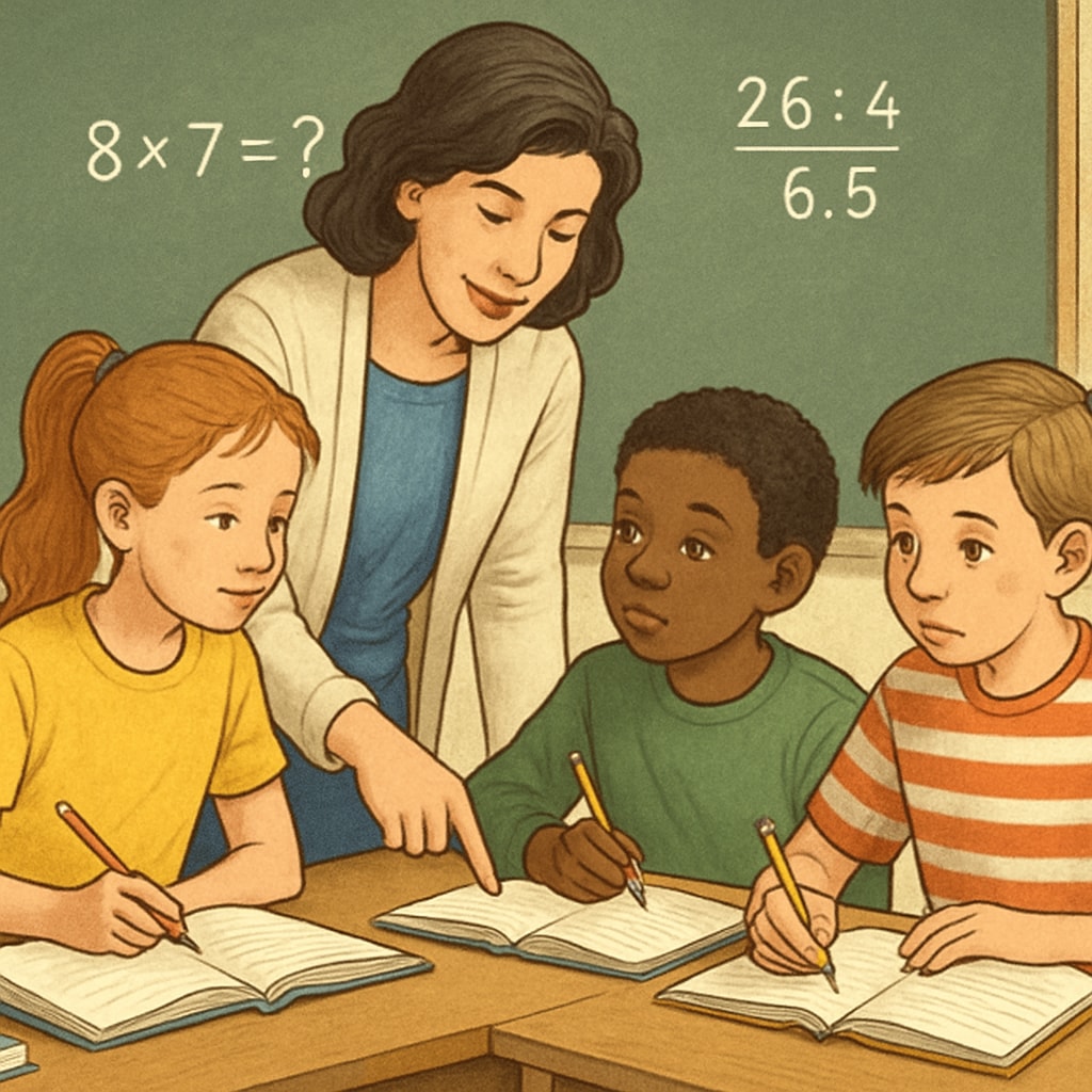 A teacher assisting students with mathematics problem-solving, emphasizing personalized learning. Teacher helping students with mathematics, highlighting the importance of personalized support in academic recovery.