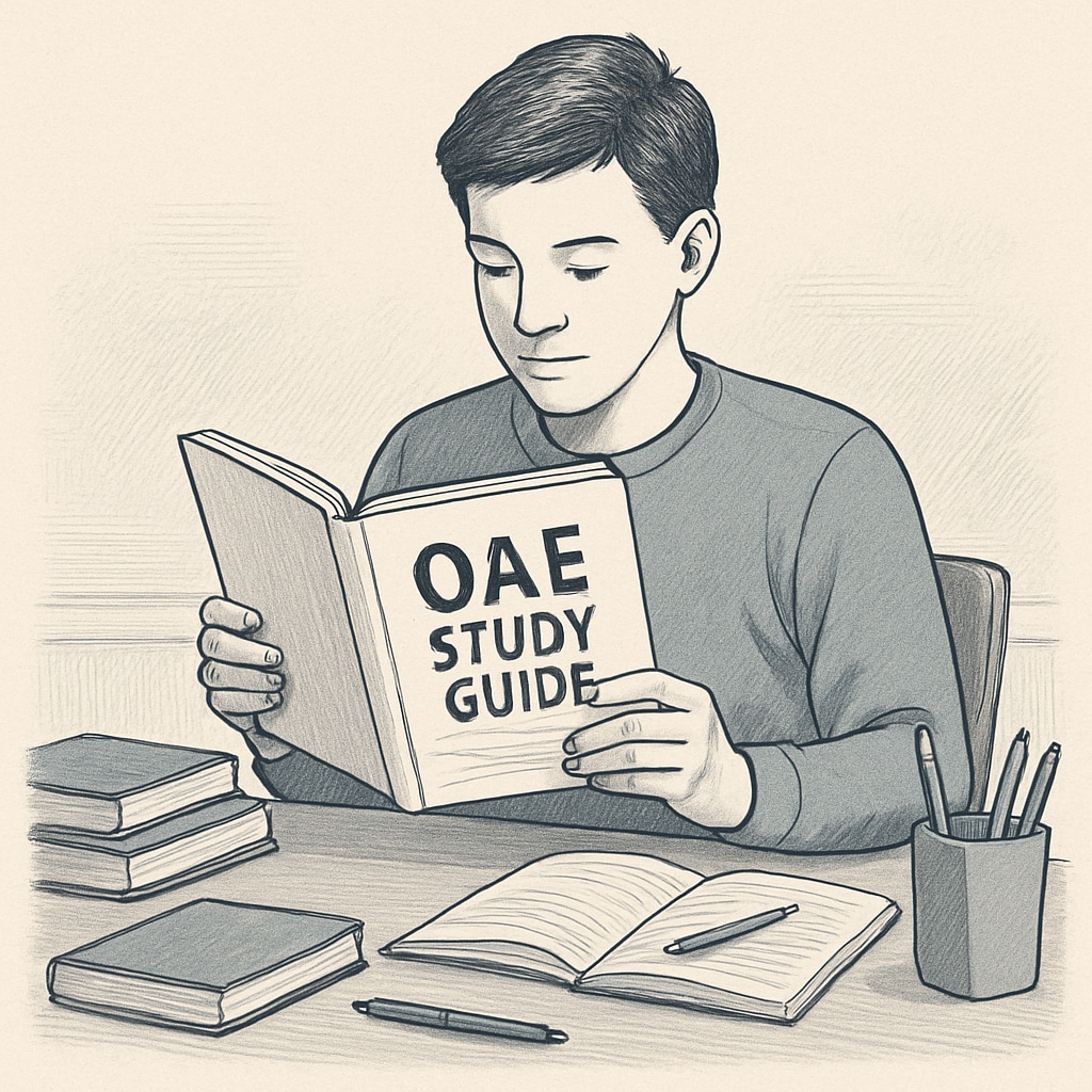 Student using study guides and materials to prepare for the OAE exam.