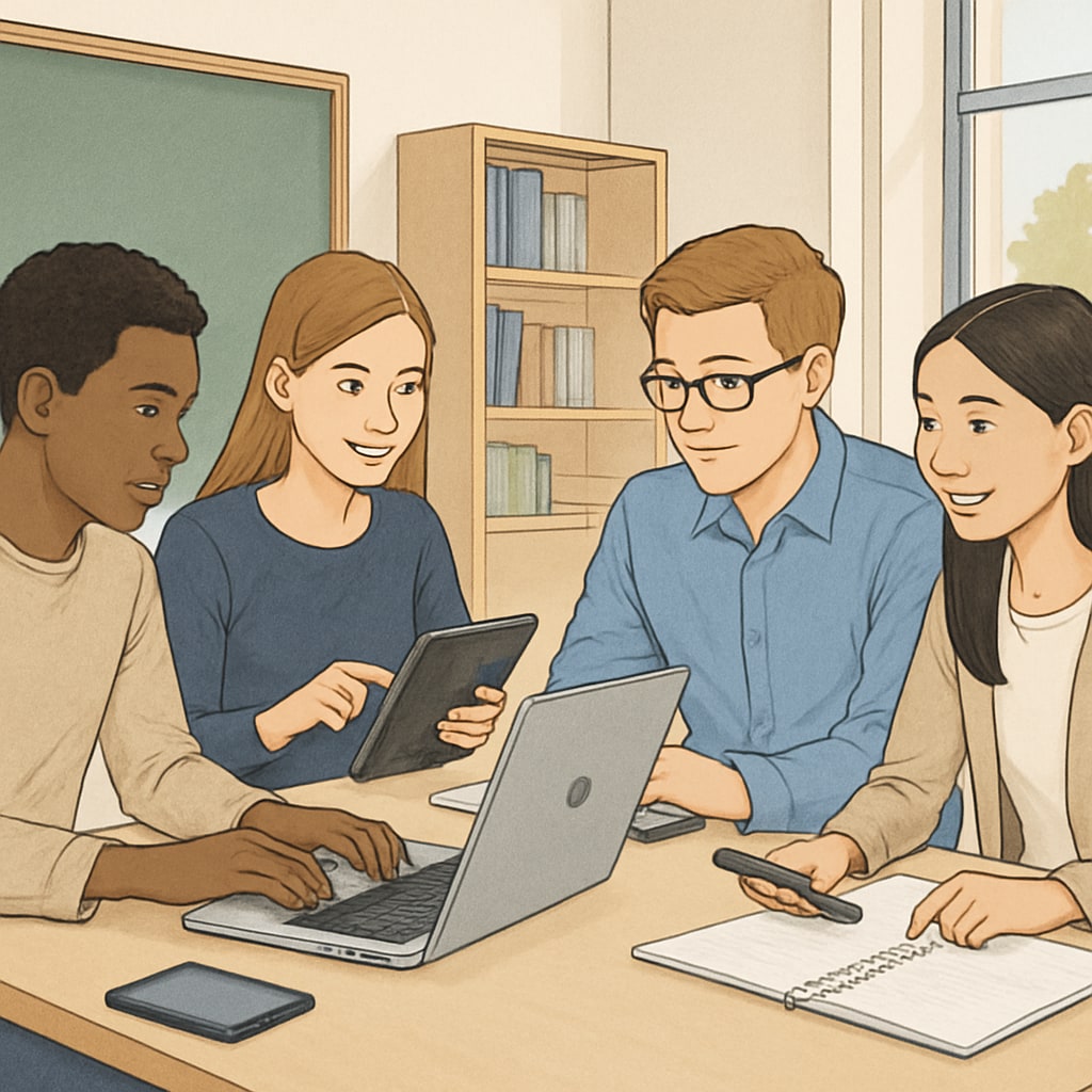 Students collaborating in a classroom, showcasing learning groups and digital tools like Discord.