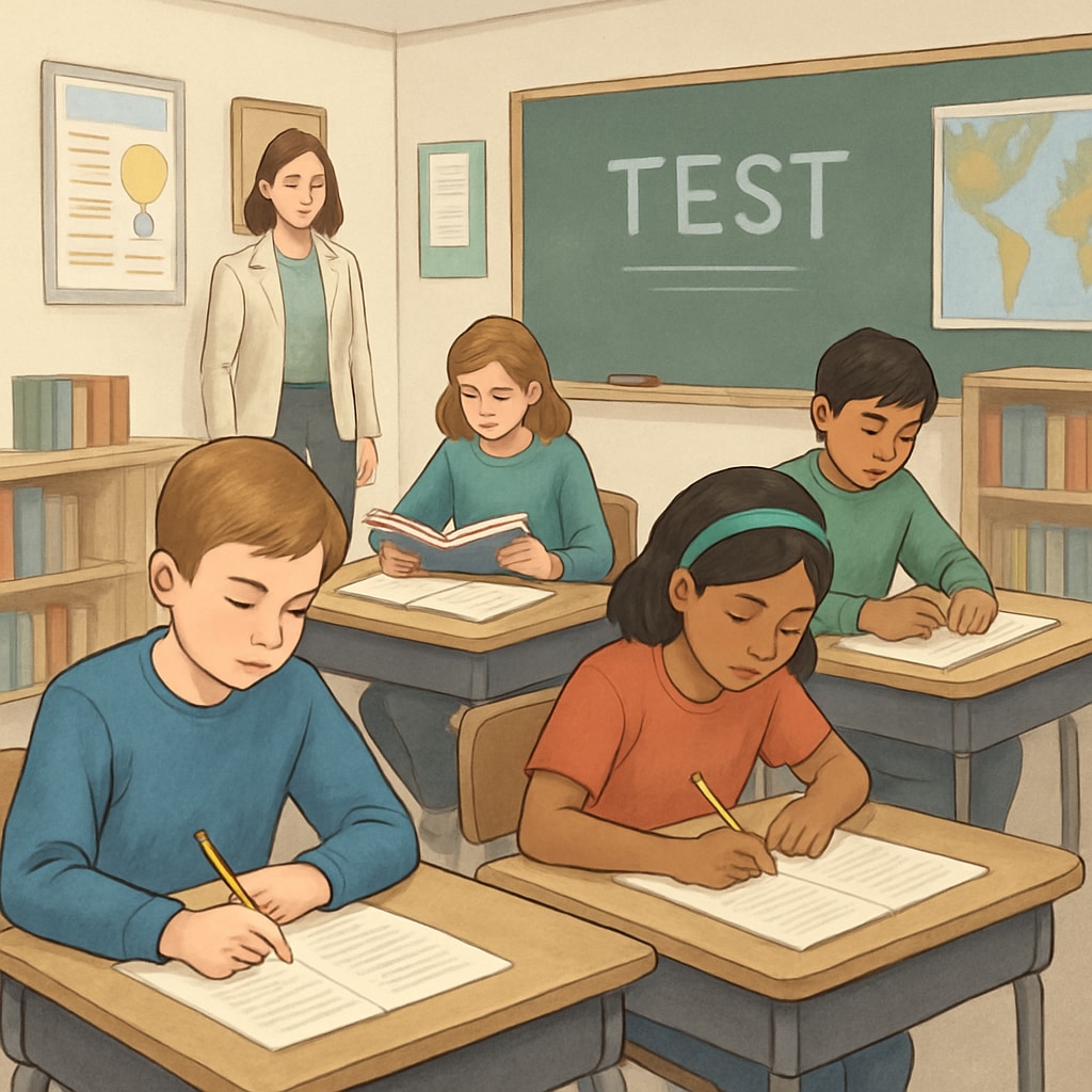 Students in a classroom preparing for a standardized test, representing testing in education systems.
