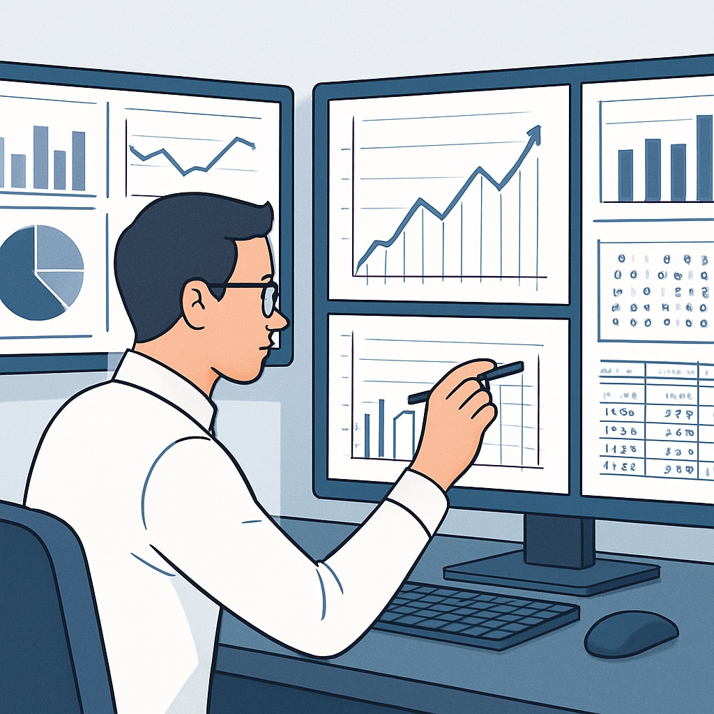 Data scientist analyzing graphs and statistics for insights.
