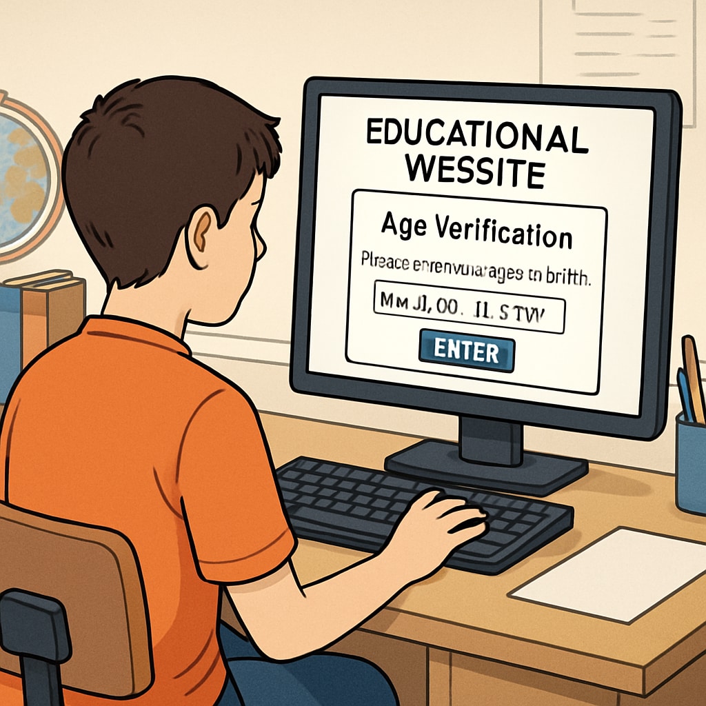 A student attempting to access an educational website that requires age verification. The screen displays a prompt asking for verification details. Student facing age verification prompt on an educational website