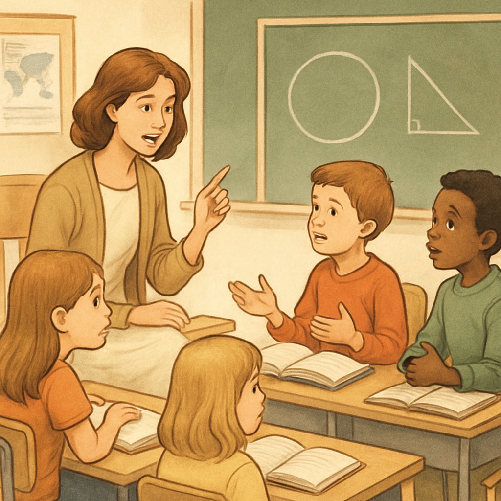 A classroom setting where a teacher is guiding young students through philosophical discussions, emphasizing engagement and curiosity. Philosophy teacher leading a discussion with K-12 students, fostering critical thinking and curiosity.