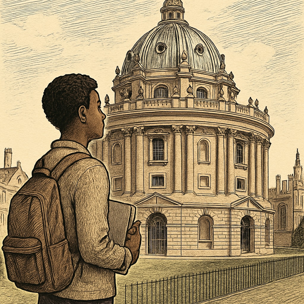 A young student gazing at Oxford University's Radcliffe Camera, symbolizing the aspirations and challenges of immigrant students pursuing higher education. Immigrant student facing financial barriers at Oxford University