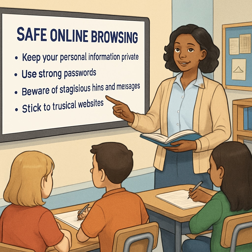 A teacher demonstrating safe online browsing practices to students in a classroom setting. The focus is on digital safety education. Teacher teaching students about safe browsing in a classroom