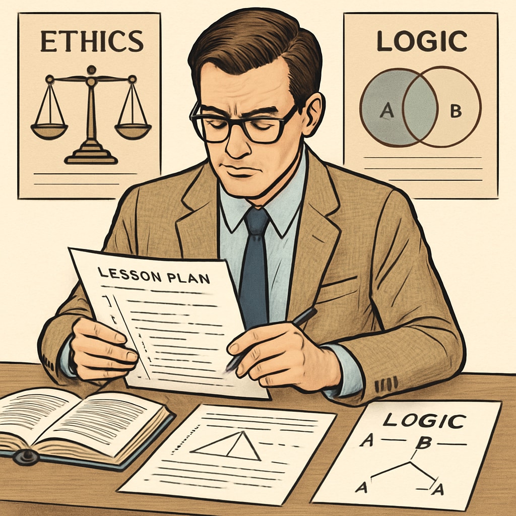 A teacher reviewing a lesson plan that incorporates philosophical concepts, with materials such as books and diagrams on ethics and logic. Philosophy teacher preparing lesson plans for K-12 students, integrating ethical and logical concepts.
