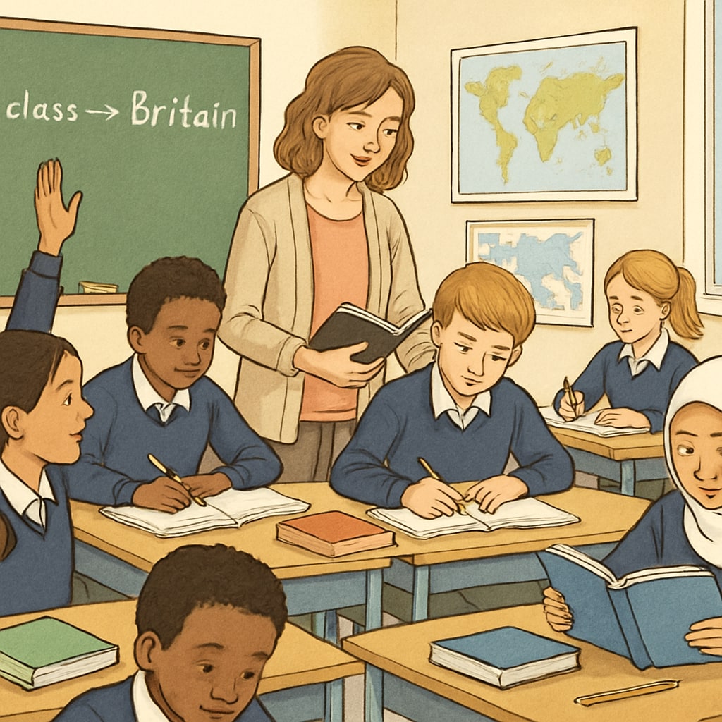 A classroom setting in the UK with diverse students engaged in learning. UK classroom with students discussing and engaging in educational activities, representing second-chance education.