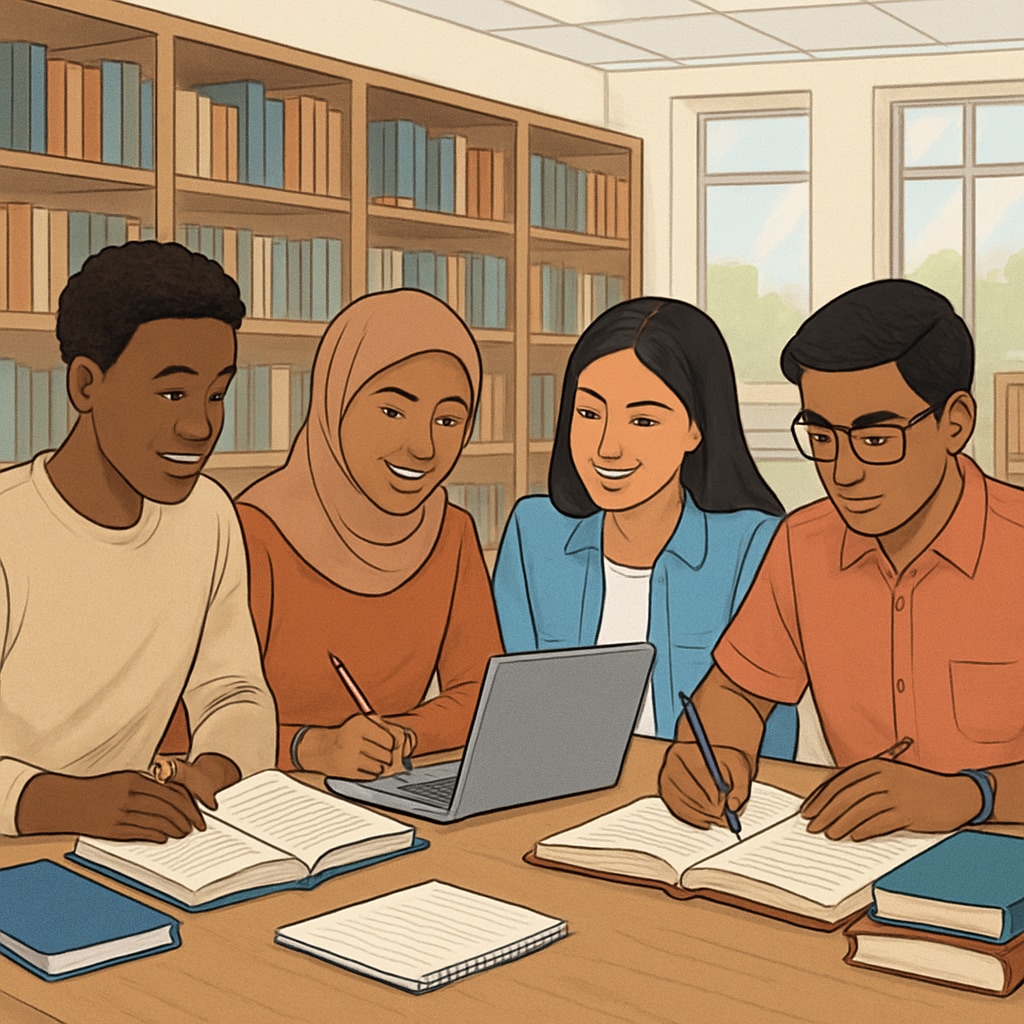 A diverse group of students studying together in a library, emphasizing the importance of inclusive education for all backgrounds. Diverse group of students promoting education equity