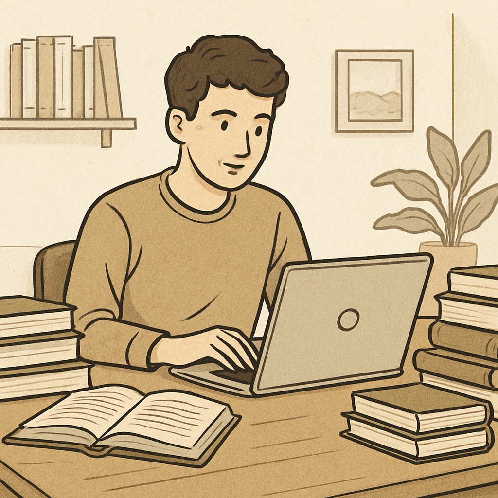 A young adult studying at home with books and a laptop to complete an online course. A motivated learner using online education tools to enhance qualifications after academic disruption.