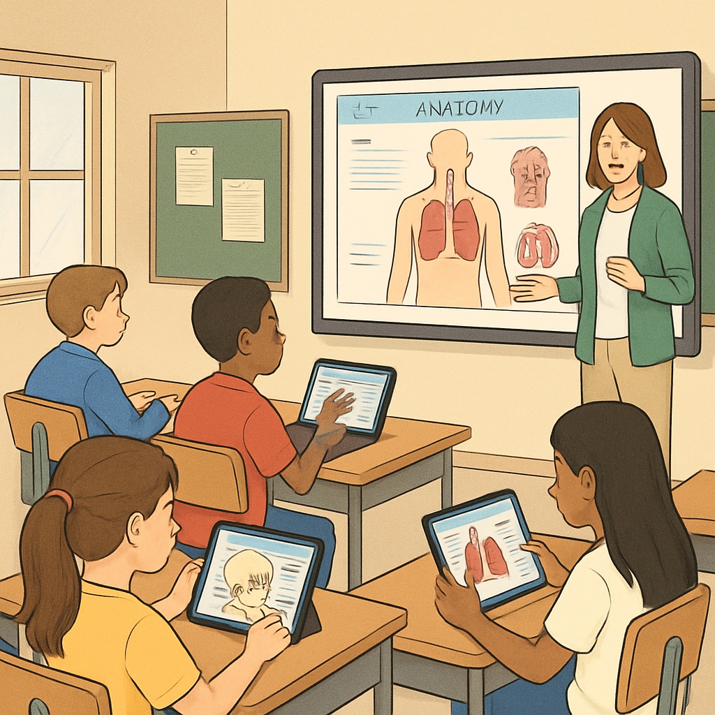 Students using interactive medical education software in a classroom setting.