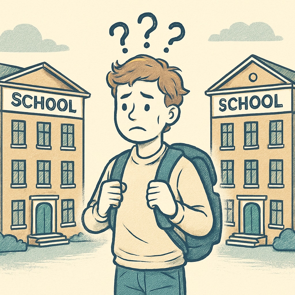 Student standing between two schools, representing school transfer challenges.