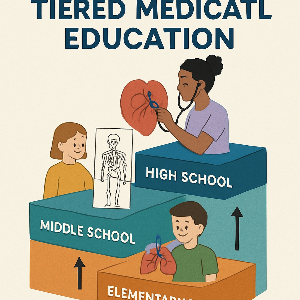 Diagram illustrating a layered approach to medical education across elementary, middle, and high school levels.