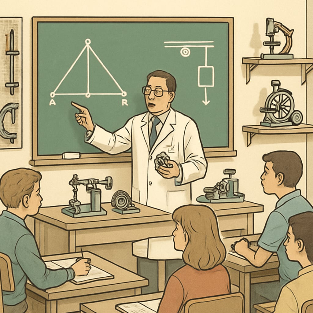 An educator in a lab coat explaining engineering principles to students in a classroom equipped with technical tools. Educator teaching engineering concepts in a STEM classroom.