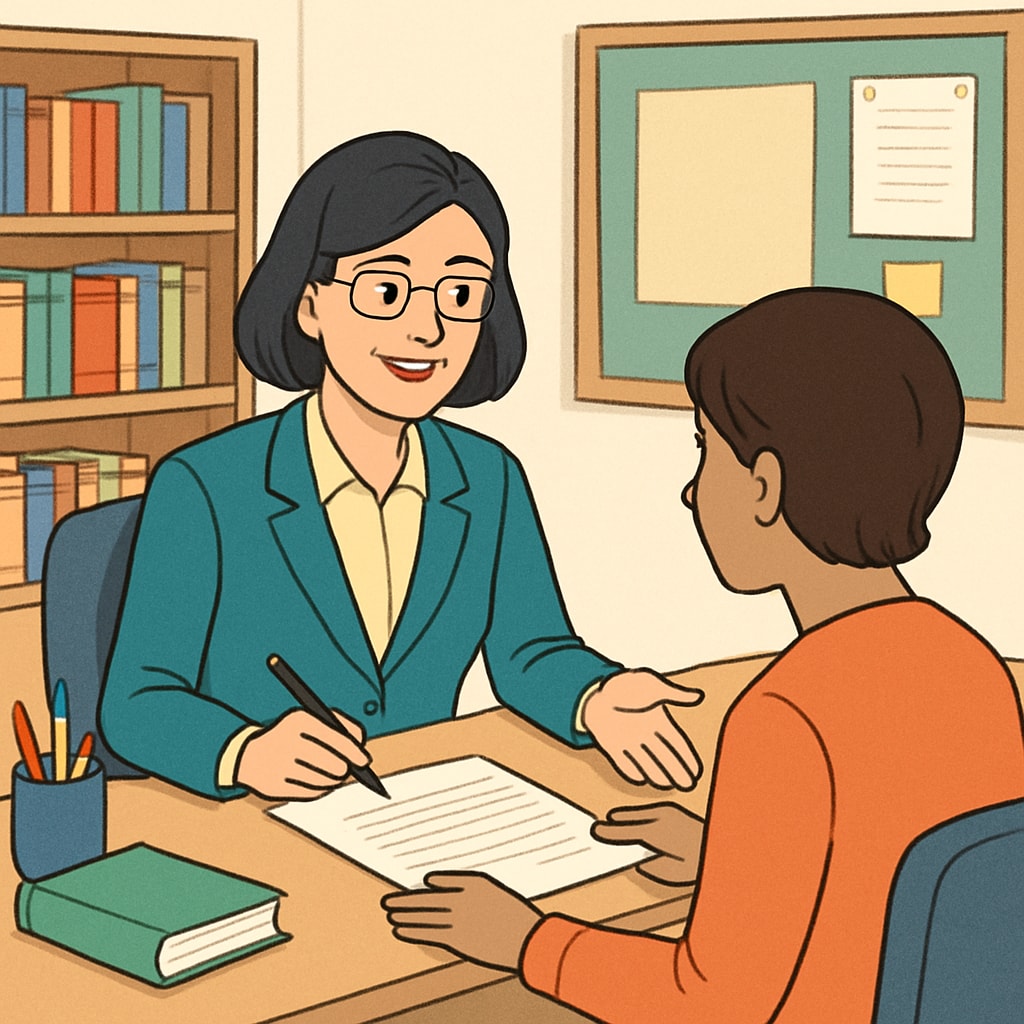 Administrator helping parent with school transfer paperwork, promoting transparent processes.