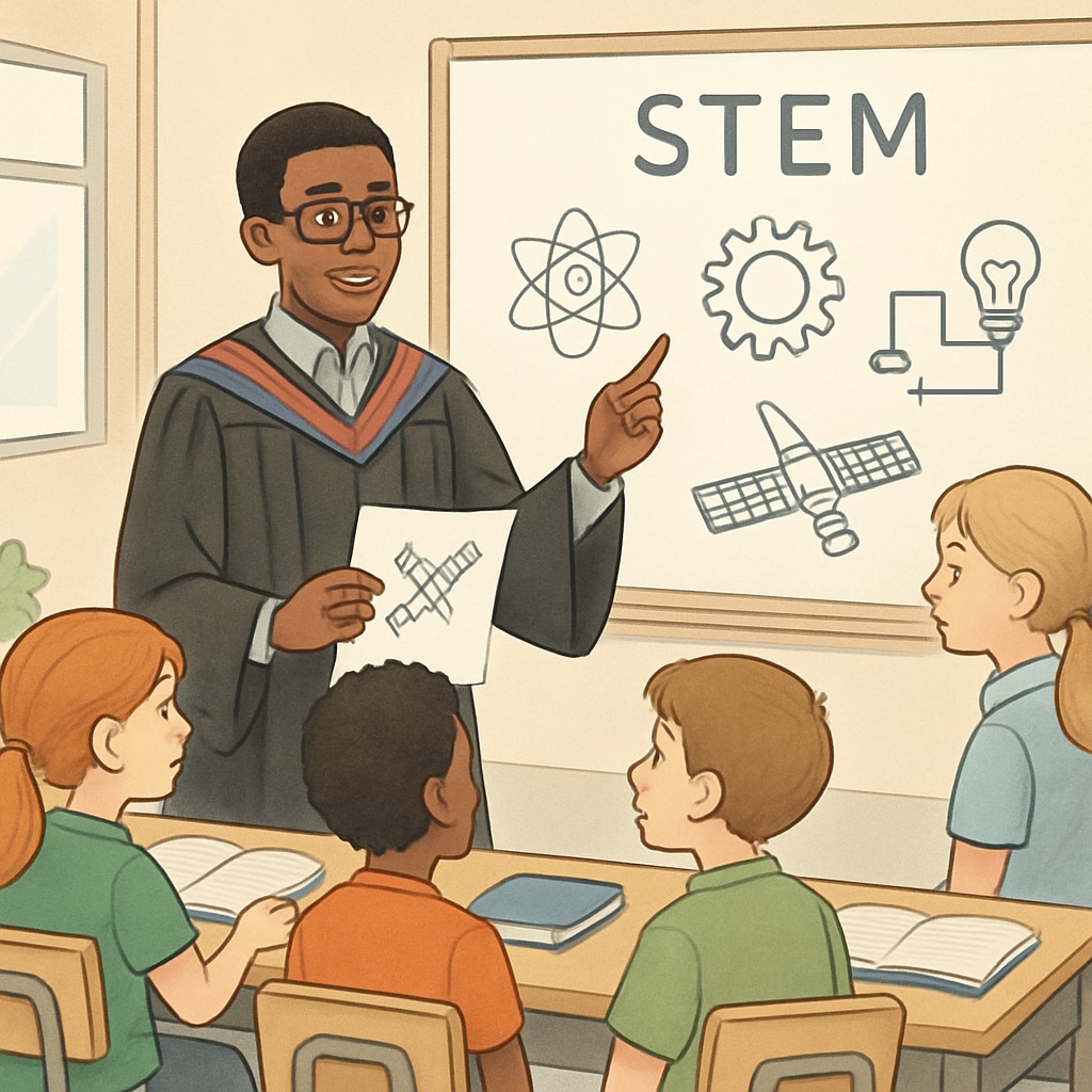A dual-degree graduate presenting a STEM workshop to a group of young students in a modern classroom setting. Graduate conducting a STEM workshop for students.