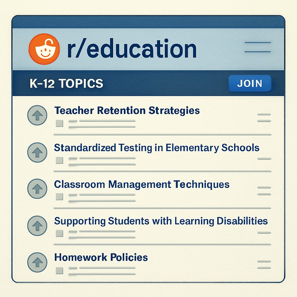 Screenshot of r/education subreddit homepage with K12 education topics.