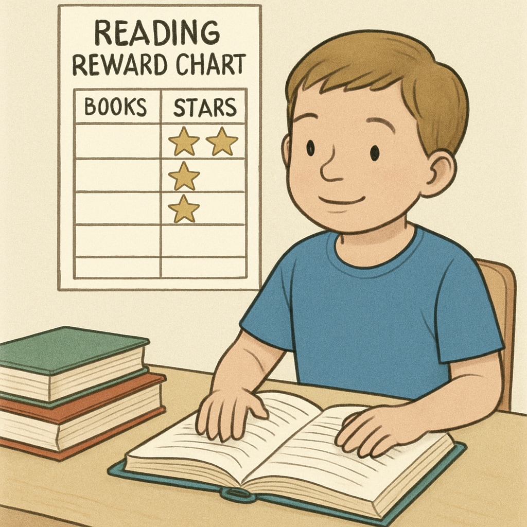 A child working on a DIY reading reward chart with books nearby.