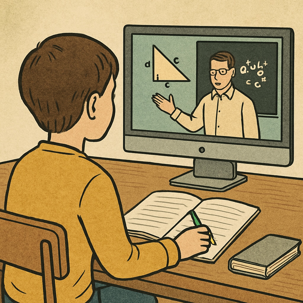 A student watching a math tutorial video on YouTube, with a notebook for note-taking. Student preparing for campus recruitment math tests using YouTube learning resources.