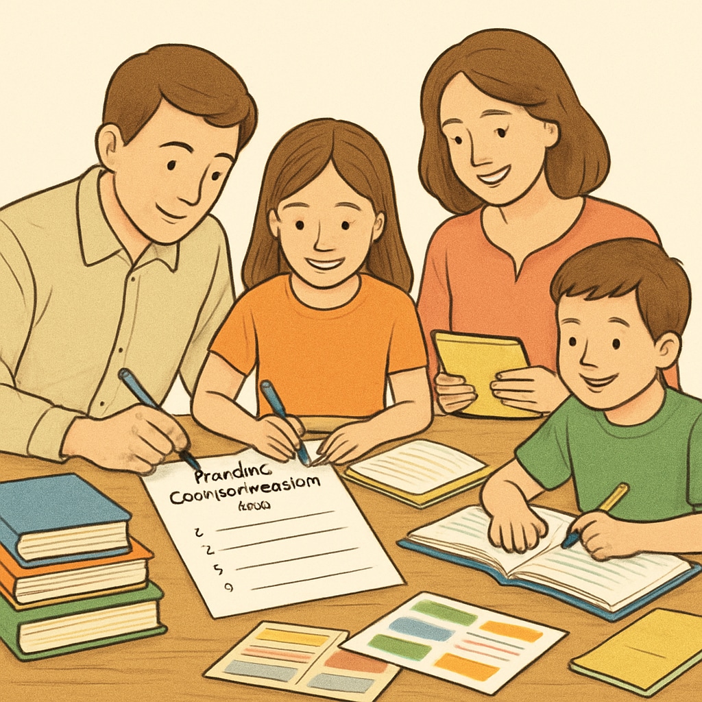 Parents and children collaborating on a reading quiz at home.