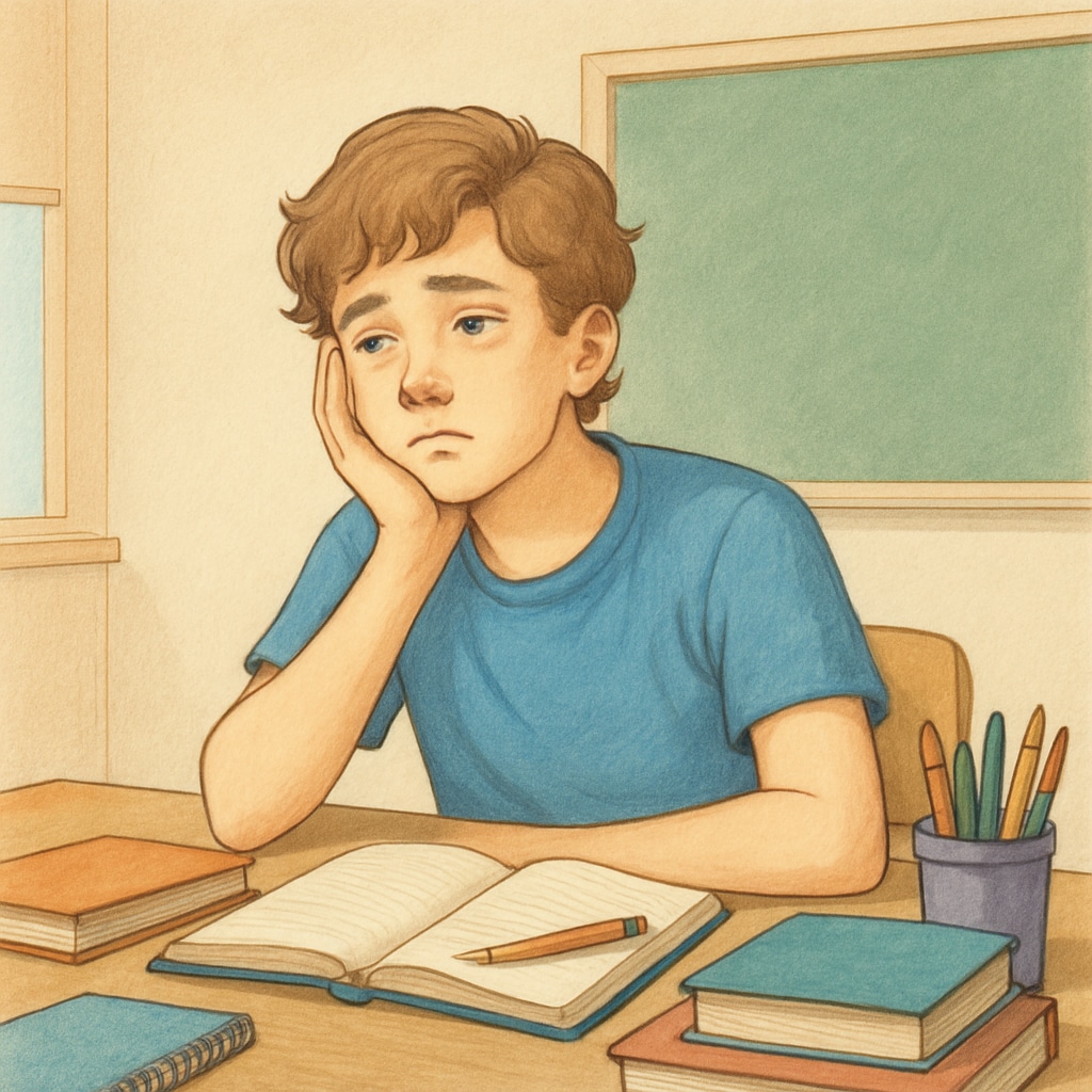A teenager sitting at a desk, surrounded by school materials, appearing disengaged and lost in thought. This image highlights the struggles of low motivation in adolescents. Teenager struggling with motivation, sitting at a desk with school materials.