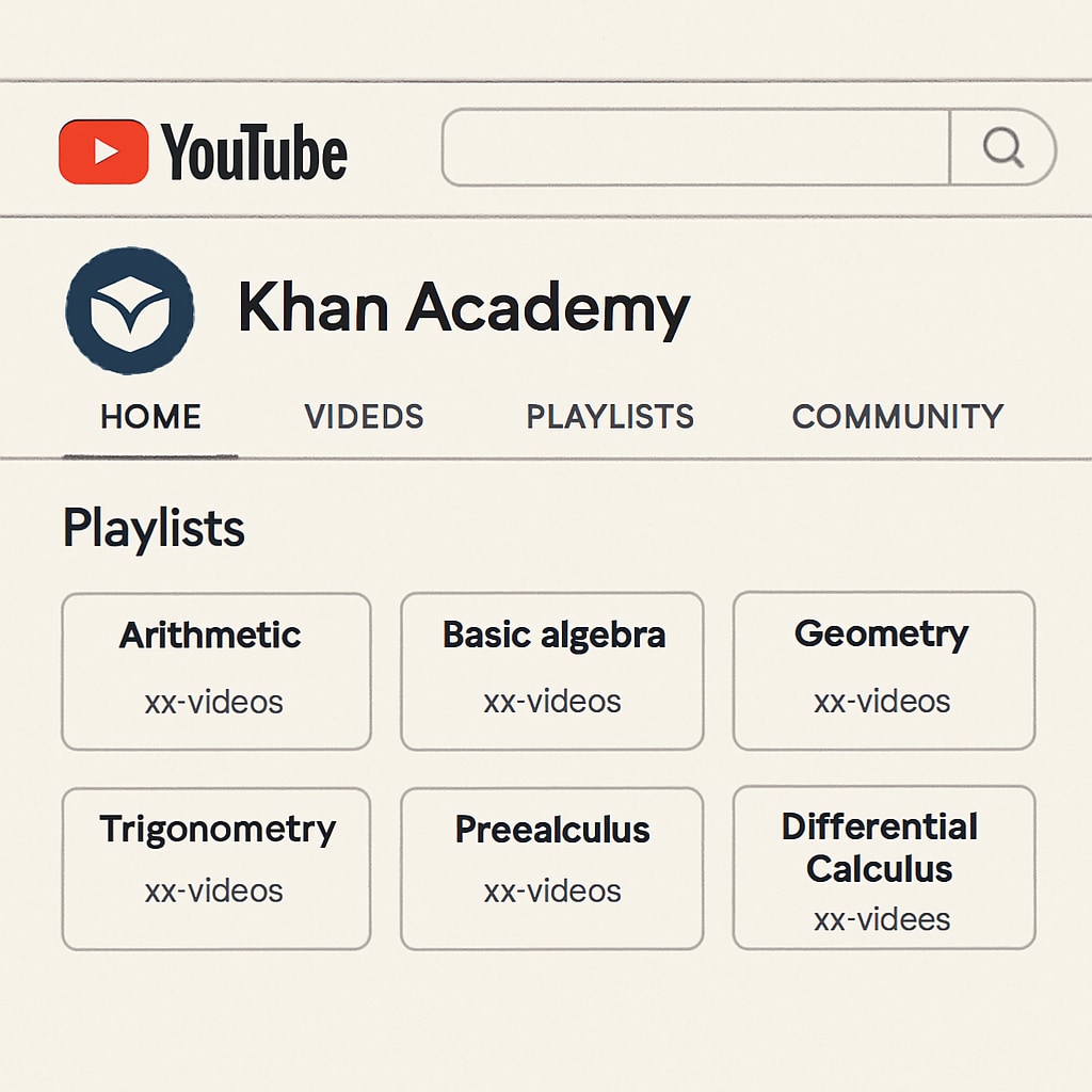 A screenshot of the Khan Academy YouTube channel homepage, showcasing mathematics playlists. Khan Academy YouTube channel offering videos on percentages and ratios.