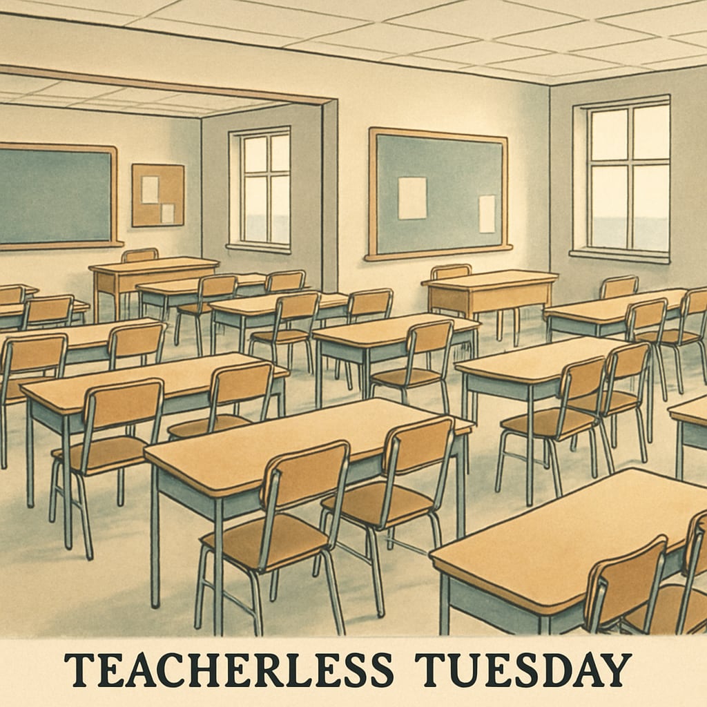A group of empty classrooms in a school, symbolizing Teacherless Tuesday protests. Empty classrooms representing the Teacherless Tuesday movement.