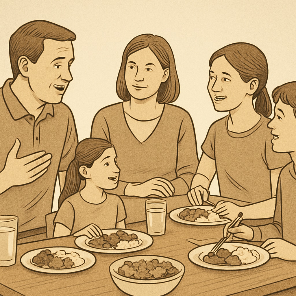 A family sitting together at a dining table, discussing daily routines and sharing a healthy meal. This image emphasizes the importance of family support in building healthy habits. Family discussing routines and sharing a healthy meal to support adolescent well-being.
