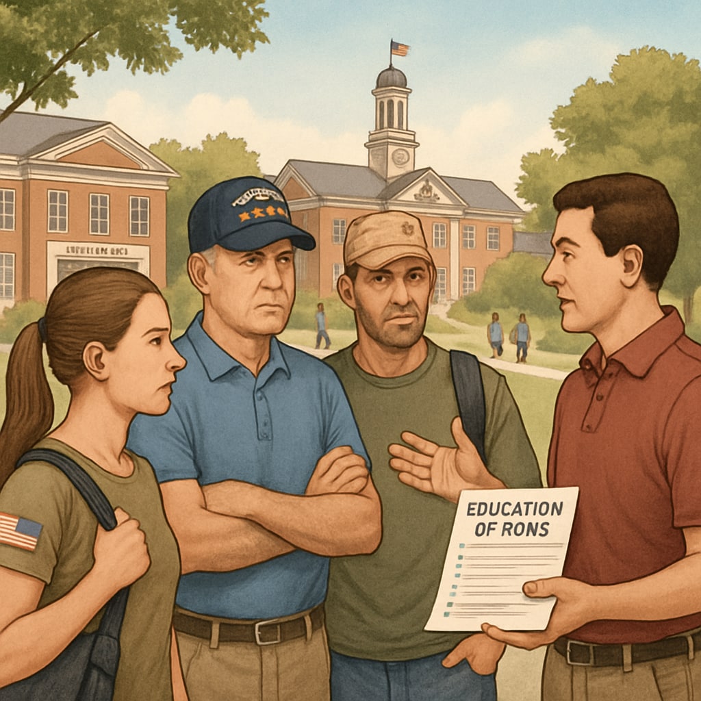 A college campus where veterans are discussing academic options, symbolizing education pathways for military personnel transitioning to civilian life. Veterans discussing degree upgrades at a college campus.