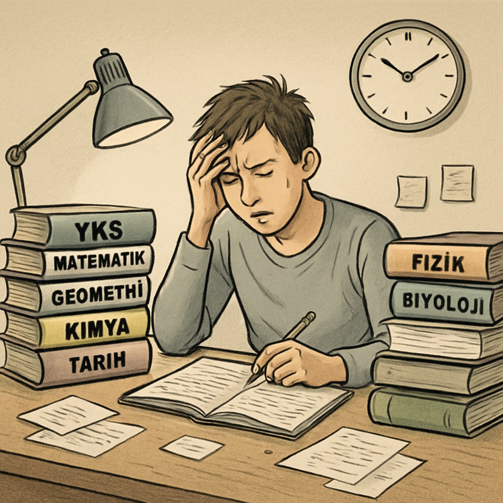 A stressed student preparing for Turkey's centralized exams, surrounded by stacks of textbooks. The image highlights the pressure faced by students in Turkey's education system. A student under pressure, preparing for Turkey’s centralized exams.