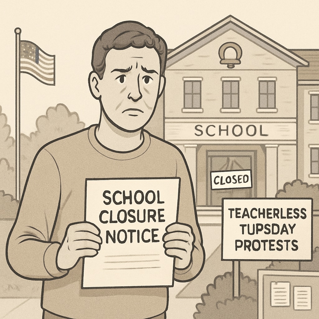 A frustrated parent looking at a school closure notice due to Teacherless Tuesday protests. Parent reacting to Teacherless Tuesday school closures.